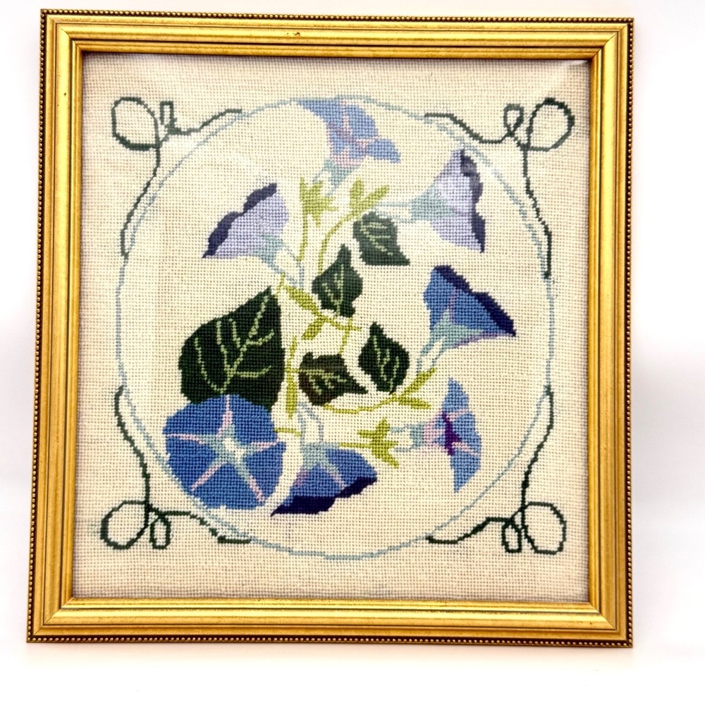 VTG Needlepoint Art Blue Purple Morning Glory Cross Stitch Framed 14x14 Tru Vue